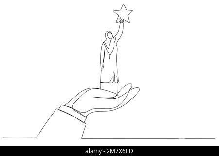 Ein Trickfilm mit Riesenhand, der einer muslimischen Geschäftsfrau hilft, nach den Sternen zu greifen. Einzeiliger Kunststil Stock Vektor