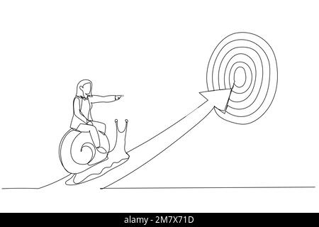 Zeichnung einer versuchten Geschäftsfrau, die auf einer Schnecke reitet und langsam auf dem Pfeil zum Ziel geht. Metapher für langsamen Geschäftsfortschritt, Faulheit oder Verzögerung. C Stock Vektor