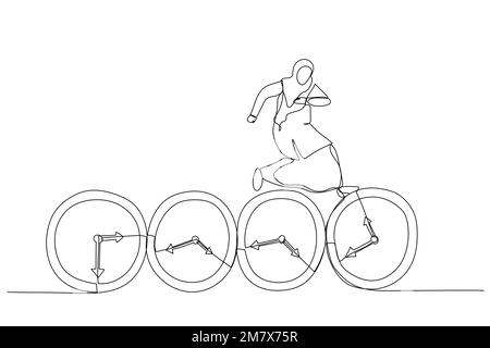 Darstellung einer muslimischen Geschäftsfrau, die auf Zeit springt und den Wecker passiert. Das Konzept der Aufschiebung oder Arbeitsproduktivität. Einzeiliger Kunststil Stock Vektor