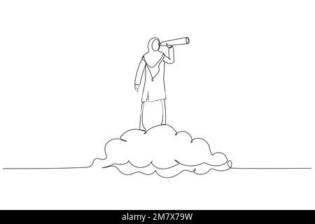 Darstellung einer muslimischen Geschäftsfrau, die mit einem Cloud-Teleskop oder einem Fernglas auf der Suche nach einem Visionär auf der Suche ist. Chance, Vision Unternehmensziel Stock Vektor