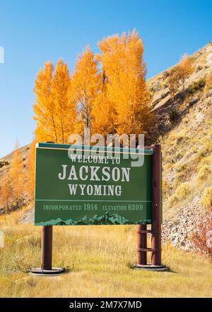 Jackson Willkommensschild Grand Teton Nationalpark Wyoming, Nordamerika, USA Stockfoto
