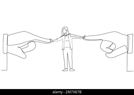 Cartoon einer Geschäftsfrau, die sich dem Druck von zwei Riesenhänden widersetzt. Einzeilige Kunst Stock Vektor