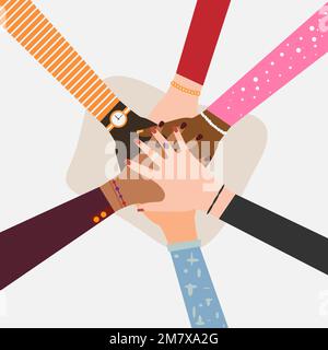 Hände verschiedener Gruppen von Menschen, die isoliert auf weißem Hintergrund zusammenkommen. Vektordarstellung. Eps 10. Stock Vektor