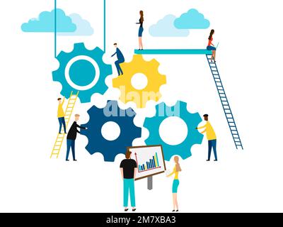 Konzept der Teamarbeit, Leute bauen Zahnräder. Isoliert auf weißem Hintergrund. Vektordarstellung. Eps 10. Stock Vektor
