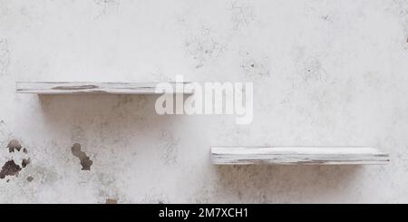 Zwei alte Holzregale auf weißem Hintergrund. Weiß geschältes, kleines leeres Regal eines alten Buchladens auf verwitterter Zerfallsoberfläche, Raum. 3D-Rendern Stockfoto