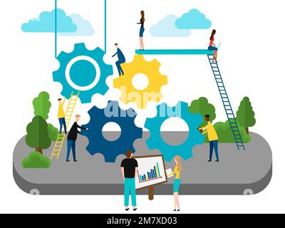 Konzept der Teamarbeit, Leute bauen Zahnräder. Isoliert auf weißem Hintergrund. Vektordarstellung. Eps 10. Stock Vektor