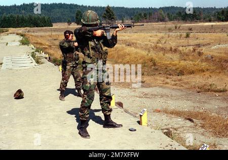 Ein Mitglied des 2. Bataillons, 25. Infanterie, 9. Division, feuert ein M16A1-Gewehr während eines Tests mit leichter Angriffsausrüstung in Reichweite 52 ab. Basis: Fort Lewis Bundesstaat: Washington (WA) Land: Vereinigte Staaten von Amerika (USA) Stockfoto