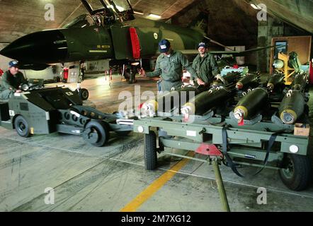 New Jersey Air National Guardsmen nehmen an einer Bombenhochladeübung während Reforger (Coronet Rawhide) Teil. Betrieb/Serie: REFORGERCORONET ROHSCHWEISSBASIS: Sola Luftwaffenstützpunkt Land: Norwegen (NOR) Stockfoto