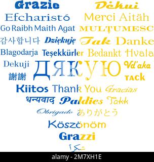 Vielen Dank in Worldwide-Sprachen. Vektorschrift in ukrainischen Farben. Weißer Rücken. Ukrainisches Dyakuyu und alle anderen Texte sind Danke auf Englisch. Stock Vektor