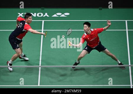 Kuala Lumpur, Malaysia. 11. Januar 2023. Chinas Liu Yuchen/Ou Xuanyi (R) treten am 11. Januar 2023 bei den Malaysia Open 2023 in Kuala Lumpur, Malaysia, in der Männerrunde in der 32 gegen Englands Ben Lane/Sean Vendy an. Kredit: Chong Voon Chung/Xinhua/Alamy Live News Stockfoto