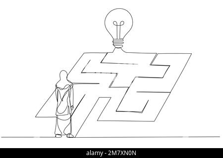 Cartoon einer arabisch-muslimischen Geschäftsfrau, die im Labyrinth-Konzept des Zielerreichens auf die Idee schaut. Einzeiliger Kunststil Stock Vektor