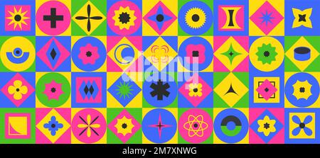 Brutalismus in Blöcken. Abstraktes Raster mit einfachen geometrischen Formen, auffälliger Vektorhintergrund mit minimalistischem Muster Stock Vektor