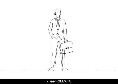 Darstellung eines Geschäftsmanns, der seine Tasche benutzt, als er in seinem Büro herumläuft. Einzeiliger Kunststil Stock Vektor