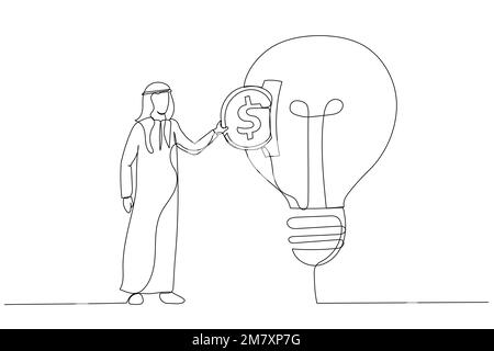 Zeichnung eines arabischen Geschäftsmanns, der Dollarmünzen in den Schlitz einer Glühbirne steckt. Investitionskonzept. Einzeilige Kunst Stock Vektor