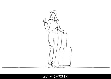 Zeichnung einer Geschäftsfrau, die eine Tasche mit Tickets für die Abreise hat. Strichgrafik-Stil Stock Vektor