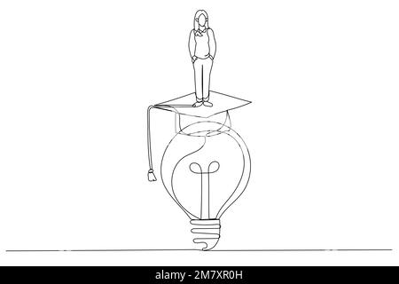 Zeichnung einer Geschäftsfrau klettert nach oben helle Glühbirne Idee Waring Mörtelbrett Graduierung Cap Konzept der Bildungshilfe. Ein kontinuierlicher Strichbildstil Stock Vektor