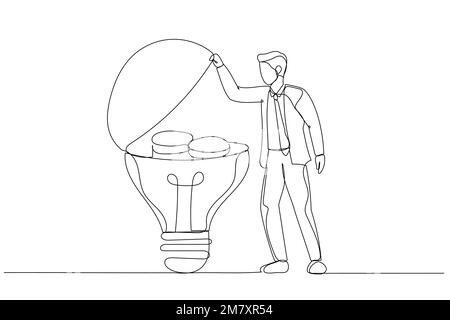 Zeichnen von Geschäftsleuten, die nach Glühbirnen-Ideen suchen und sie fangen, mit einem Nettokonzept von Geschäftsideen. Einteilige, durchgehende Strichart Stock Vektor