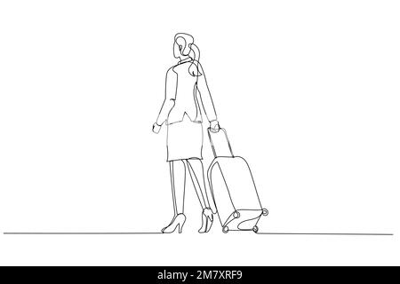 Cartoon einer Geschäftsfrau mit Koffer im Gang. Einzeilige Kunst Stock Vektor