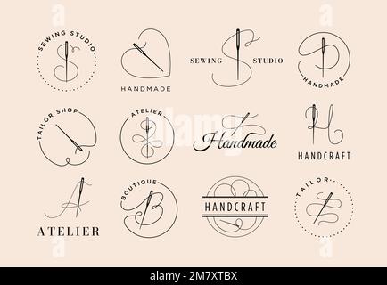 Nadel- und Fadenschild. Nähstudio Label, Schneiderladen und Handwerkeratelier Boutique Tag Vector Illustrationsset Stock Vektor