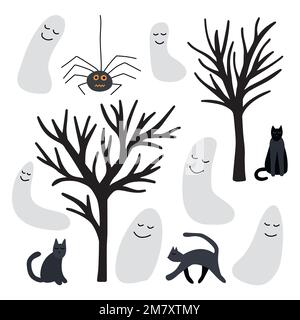 Vektorgeister, Katzen und Spinnen setzen sich Stock Vektor