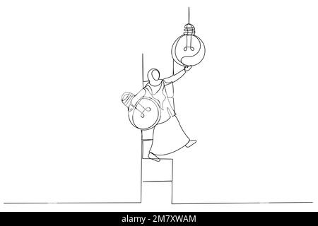 Zeichnung einer muslimischen Geschäftsfrau, die eine Leiter hochklettert, um die Glühbirnenidee zu ändern. Wechsel zu neuen Innovationen. Einzeiliger Kunststil Stock Vektor