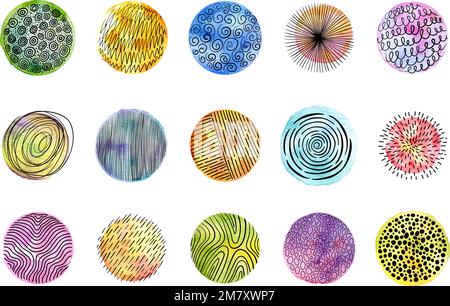 Abstrakter Aquarellkreis mit Kritzeltextur. Von Hand gezeichnete kreisförmige Linien, runde Form und dekorativer grafischer Hintergrundvektorsatz Stock Vektor