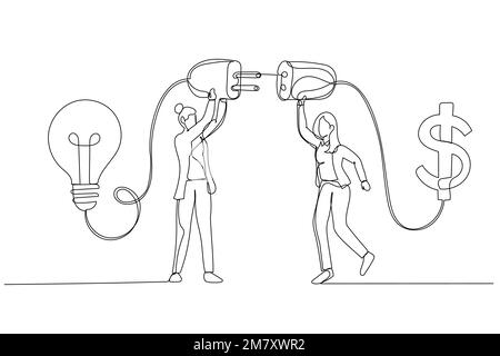 Cartoon der Geschäftsfrau verbindet Glühbirne mit Geld-Dollar-Zeichen-Konzept der finanziellen Unterstützung. Einteilige, durchgehende Strichart Stock Vektor