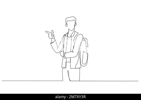 Ein Zeichentrickfilm von einem jungen Mann, der auf etwas oder jemanden zeigt. Ein kontinuierlicher Strichbildstil Stock Vektor