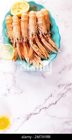 Ein Teller mit Meeresfrüchten für den festlichen Tisch. Norwegischer Hummer. Essen für Feinschmecker. Geben Sie Platz für Text frei. Hochwertiges Foto Stockfoto