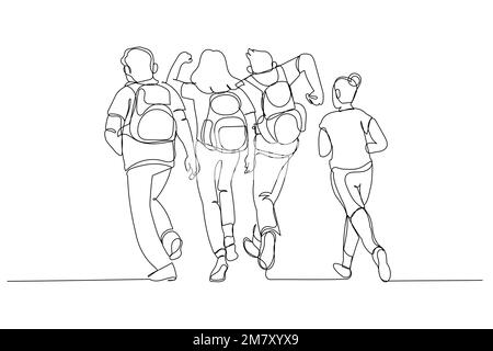 Cartoon mit Rückansicht von Schülern, die draußen laufen. Einzeiliger Kunststil Stock Vektor