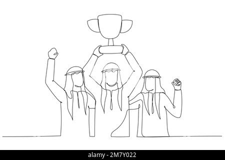 Zeichnung eines arabischen Geschäftsmannes in Medaillen am Hals mit goldenem Trophäenkonzept auf Teamwork. Einteiliges Design mit durchgehender Strichzeichnung Stock Vektor
