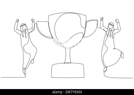 Illustration eines arabischen Geschäftsmanns, der mit dem Trophäen-Pokal-Konzept der Anerkennung in die Luft springt. Einzeiliges Kunstdesign Stock Vektor