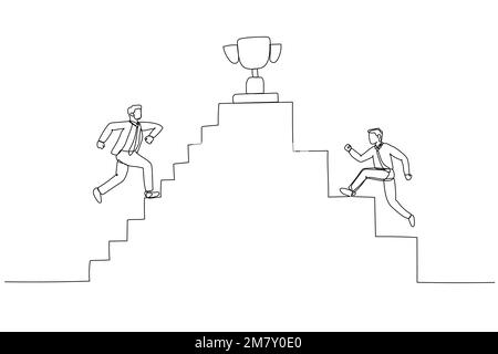Zeichnung eines Geschäftsmanns, der die Treppe hinaufgeht, in Richtung der Trophäe oben. Design für Strichkunst Stock Vektor