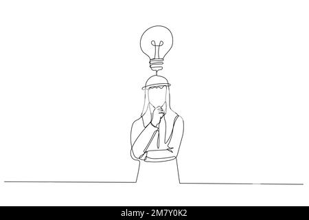 Zeichnung von Taille nach oben Porträt arabischer Geschäftsmann, der einen Plan macht Hand am Kinn halten und aufmerksam aufschauen. Design im Kunststil mit einer durchgehenden Linie Stock Vektor