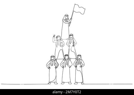 Ein Karikatur des arabischen Mannes macht Pyramiden und führt von einem Geschäftsführer mit Flagge. Einzeiliges Kunstdesign Stock Vektor