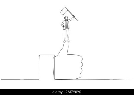 Zeichnung eines Geschäftsmannes Klettern Sie die Leiter des Erfolgs hoch, bis Sie die Top-Hold-Siegerflagge als Metahpor für großartige Arbeit erreichen. Design für Strichkunst Stock Vektor