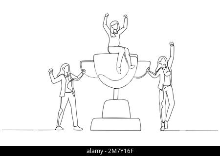 Illustration einer Geschäftsfrau, die den Sieg feiert, mit einem Team, das die Trophäe hält. Design im Kunststil mit einer durchgehenden Linie Stock Vektor