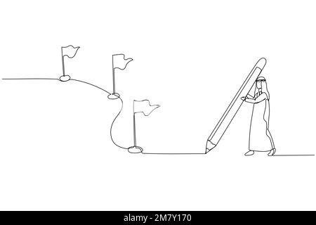 Zeichnung eines arabischen Geschäftsmannes mit Bleistift, Ziehlinie mit Flagge als Meilenstein. Design im Strichkunststil Stock Vektor