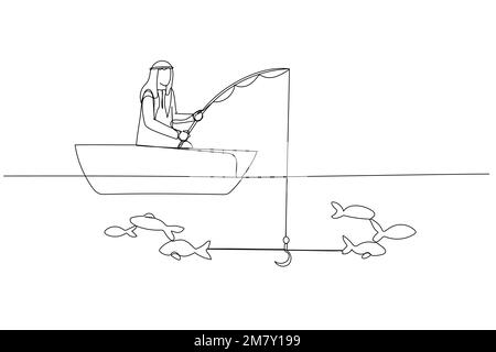 Die Zeichnung eines arabischen Geschäftsmannes versucht, Fisch zu bekommen, aber nicht eine Vorstellung von Misserfolg. Einteiliges Design mit durchgehender Strichzeichnung Stock Vektor