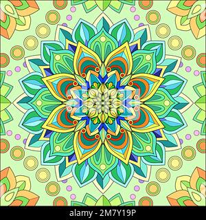 Mandala mit einem Muster von Blumenformen und einer Mischung von Farben, Gelb, Grün und Blau Stockfoto