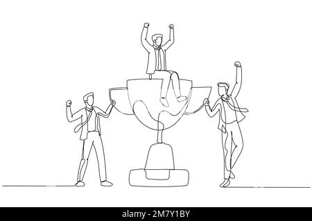 Zeichnung eines Geschäftsmannes, der den Sieg feiert, mit einem Team, das die Trophäe hält. Einzeiliges Design im Art-Stil Stock Vektor
