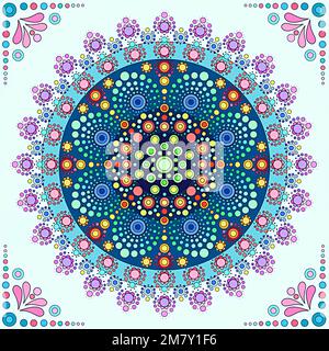 Mandala mit Kreismuster in verschiedenen Farben, Grün, Pink, Blau und Lila Stockfoto