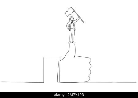 Cartoon einer Geschäftsfrau erklimmen Sie die Erfolgsleiter zur Top-Hold-Siegerflagge Metahpor von großartigem Job. Einzeiliges Design im Art-Stil Stock Vektor