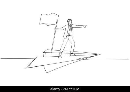 Zeichnung eines Geschäftsmannes, der mit einem Papierflugzeug fliegt, Entdeckungskonzept. Design im Strichkunststil Stock Vektor
