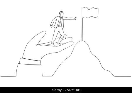 Abbildung eines Geschäftsmanns, der auf einer riesigen Hand steht und dabei hilft, die Flagge des Bergziels zu erreichen. Einzeiliges Kunstdesign Stock Vektor