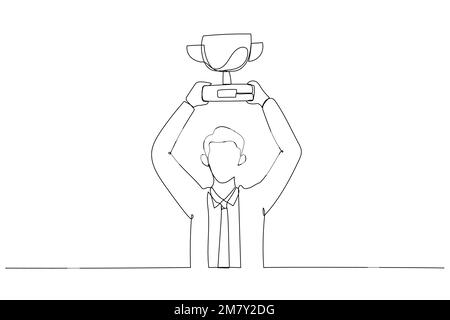 Zeichnung eines Geschäftsmannes mit Siegertrophäen-Konzept des Sieges. Design für Strichkunst Stock Vektor