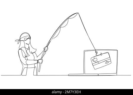 Illustration einer Geschäftsfrau als Hacker von Cyberdieben, die versuchen, das Kreditkartenkonzept des Phishing durchzusetzen. Einzeiliges Design im Art-Stil Stock Vektor
