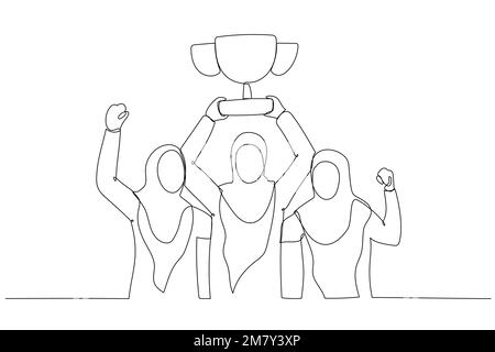 Zeichnung einer muslimischen Geschäftsfrau in Medaillen am Hals mit goldenem Trophäenkonzept auf Teamarbeit. Einzeiliges Kunstdesign Stock Vektor