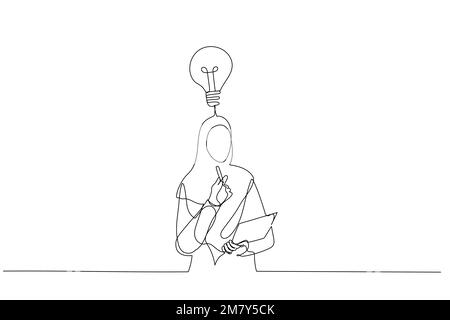 Darstellung einer jungen, nachdenklichen muslimischen Geschäftsfrau mit Brille, die über Test nachdenkt. Design für Strichkunst Stock Vektor