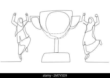 Cartoon einer muslimischen Geschäftsfrau, die mit dem Trophäen-Pokal-Konzept der Anerkennung in die Luft springt. Design für Strichkunst Stock Vektor